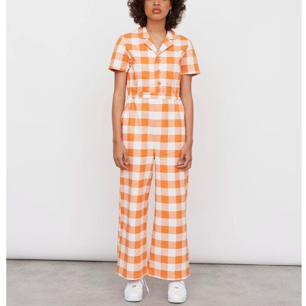 LAZY OAF Orange Juice Gingham Wide Leg Short Sleeve Coverall Jumpsuit